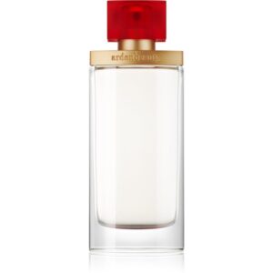 Durchsichtige Parfumflasche mit rotem Deckel und goldenem Etikett.