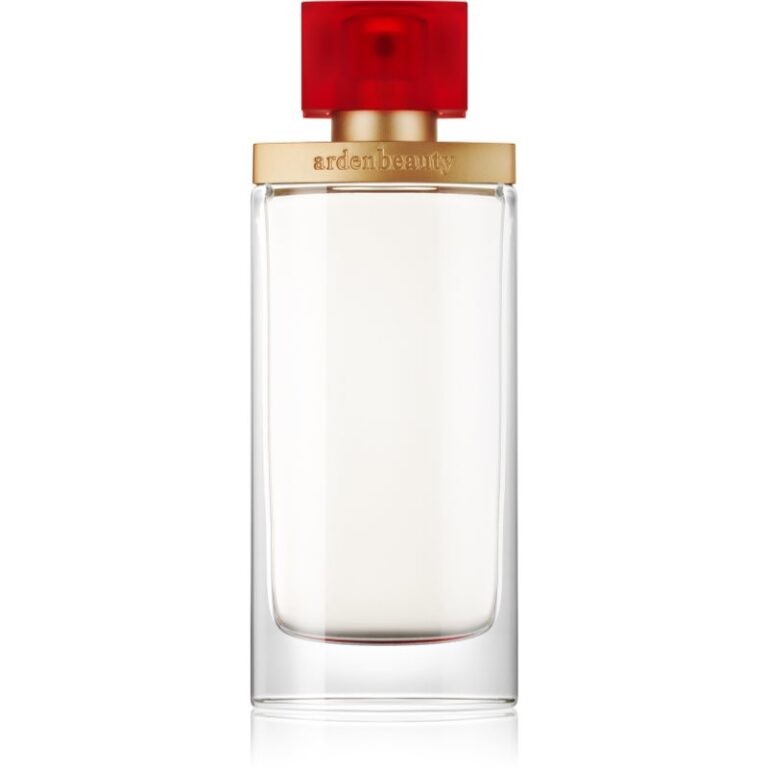 Durchsichtige Parfumflasche mit rotem Deckel und goldenem Etikett.
