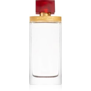 Transparente rechteckige Parfümflasche mit rotem Verschluss und goldfarbenem Ring.