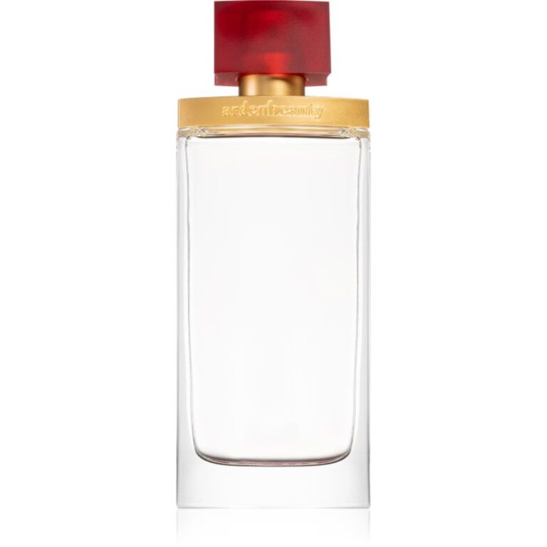 Transparente rechteckige Parfümflasche mit rotem Verschluss und goldfarbenem Ring.