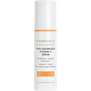 Flasche eines wasserlosen Vitamin-C-Serums mit englischer und französischer Beschriftung.