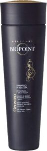 Schwarze Shampooflasche von Biopoint mit goldenem Logo auf Vorderseite.