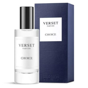Parfumflasche mit Verpackung, Aufschrift Verset Parfums Choice, blau-weißes Design.