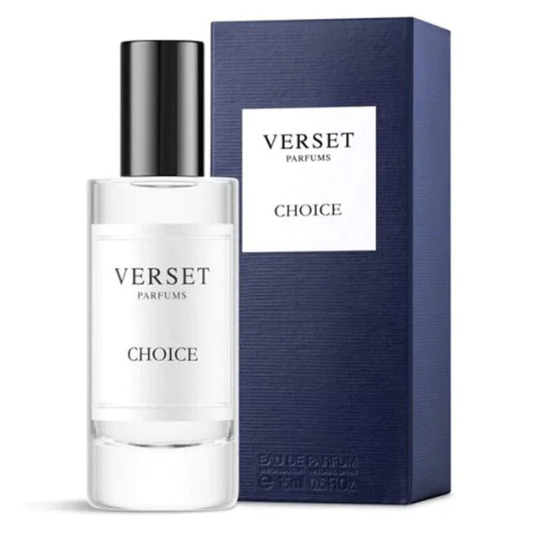 Parfumflasche mit Verpackung, Aufschrift Verset Parfums Choice, blau-weißes Design.
