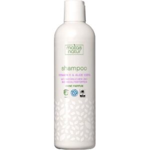 Weiße Shampooflasche mit Naturkosmetik-Label und Aloe Vera.