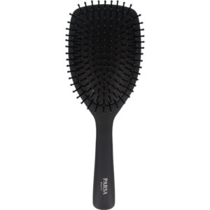 Schwarze Haarbürste aus Kunststoff mit ovalem Bürstenkopf und Noppenborsten.