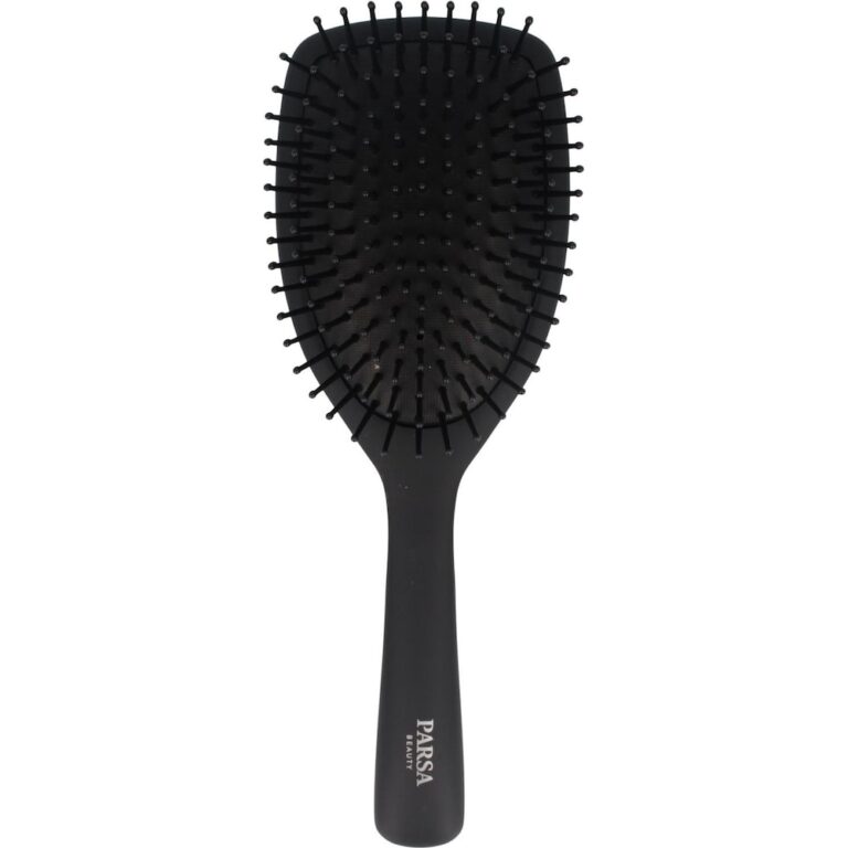 Schwarze Haarbürste aus Kunststoff mit ovalem Bürstenkopf und Noppenborsten.