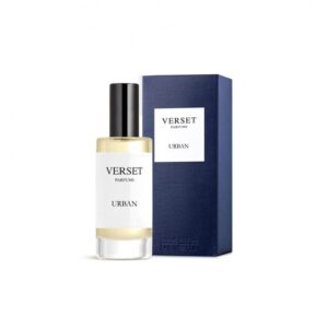 Parfumflasche neben einer blauen Verpackungsbox mit Aufschrift "Verset Urban".