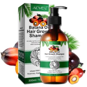 Flasche und Verpackung von Batana Öl Haarwachstum Shampoo mit Früchten im Hintergrund.