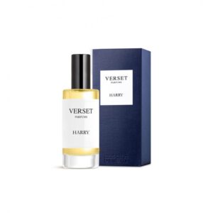 Rückenansicht eines Parfümflakons und blauer Box mit dem Label "Verset Parfums Harry".