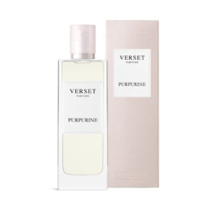 Parfümflasche und Verpackung von Verset Purpurine vor weißem Hintergrund.