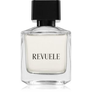 Transparente Parfümflasche mit schwarzem Verschluss, darauf steht "Revuele".