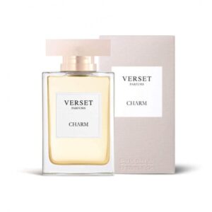Parfümflasche und Box von Verset Charm vor weißem Hintergrund.