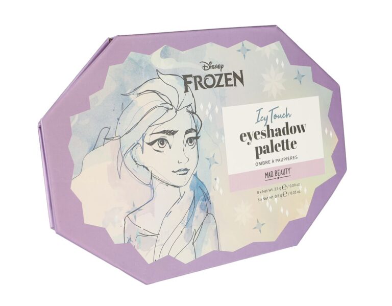 Lila Verpackung einer Lidschattenpalette mit Frozen-Design und stilisierter Zeichnung.