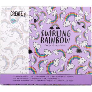 Bunte Lidschattenpalette Schachtel mit Regenbögen und Wolken, pastellfarbenes Design.