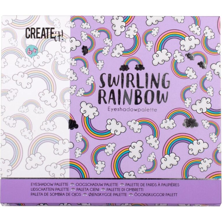 Bunte Lidschattenpalette Schachtel mit Regenbögen und Wolken, pastellfarbenes Design. Bunte Lidschattenpalette Schachtel mit Regenbögen und Wolken, pastellfarbenes Design.
