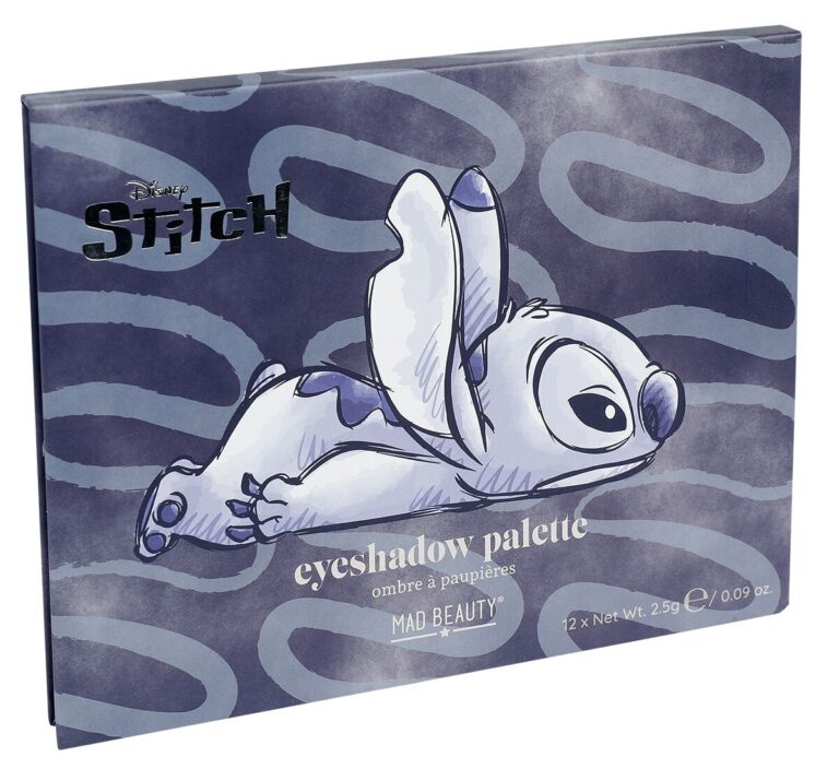 Lidschattenpalette mit Stitch-Motiv auf blauem Hintergrund.