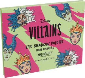 Disney Villains Lidschattenpalette mit bunten Illustrationen von Schurken auf grünem Hintergrund.