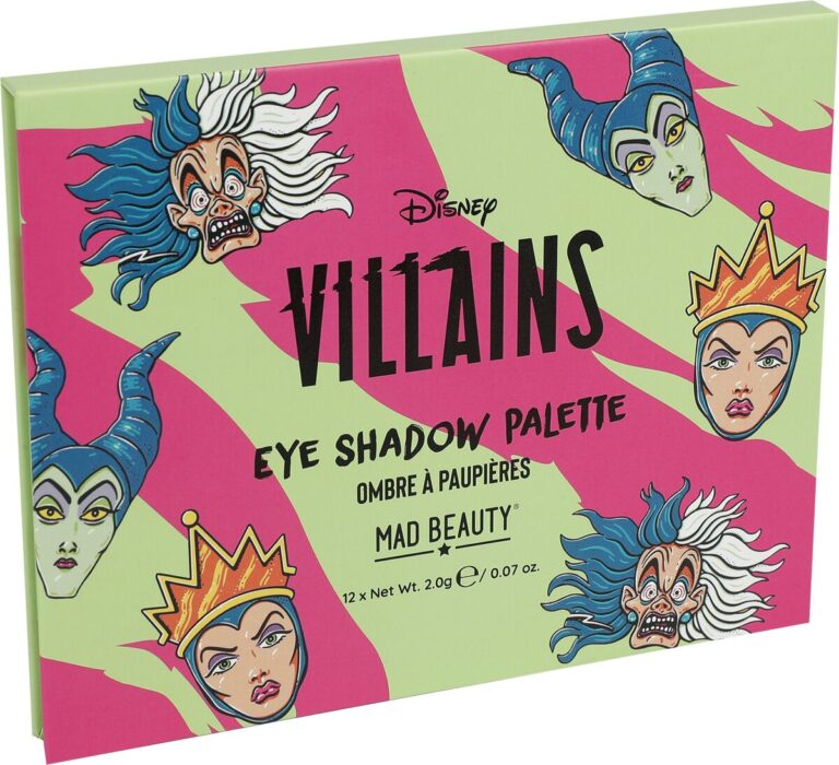 Disney Villains Lidschattenpalette mit bunten Illustrationen von Schurken auf grünem Hintergrund.