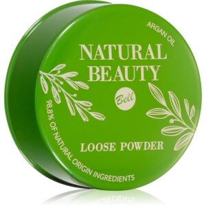 Grüne Puderdose mit weißen Schriftzügen und floralen Mustern, natürliche Inhaltsstoffe erwähnt.