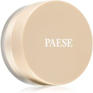 Beige, runde Kosmetikdose mit der Aufschrift "Paese" auf dem Deckel.
