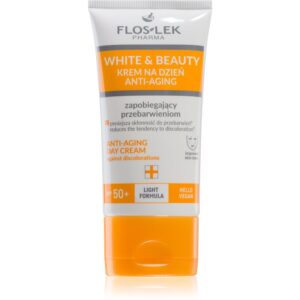Weiße und orange Tube mit Anti-Aging Tagescreme LSF 50+, vegane Formel.