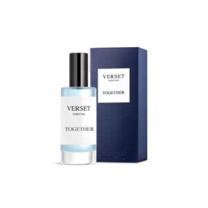 Parfümflasche und Schachtel mit dem Etikett "Verset Together" auf weißem Hintergrund.