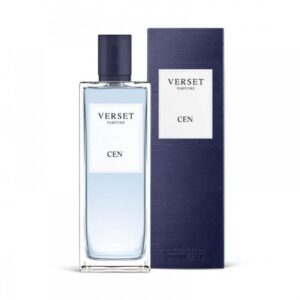 Transparente Flasche und dunkelblaue Parfümverpackung mit Aufschrift "Verset Parfums CEN".