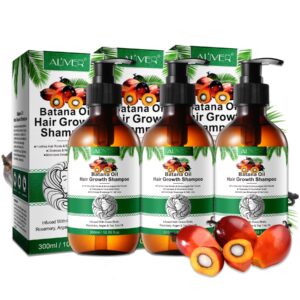 Drei Shampoo-Flaschen mit Batana-Öl vor ihrer Verpackung.