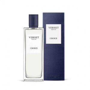 Parfümflasche und Verpackung mit der Aufschrift "Verset Choice" auf weißem Hintergrund.