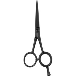 Eine schwarze Friseurschere mit runden Griffen und schmalen Klingen.