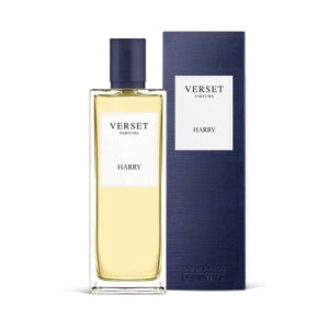 Parfumflasche und Verpackung von Verset Harry vor weißem Hintergrund.