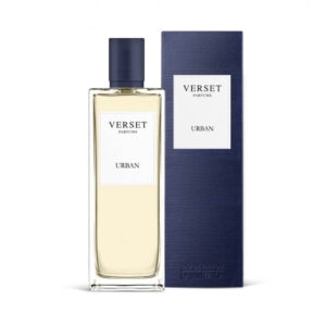 Parfumflasche und Verpackung von Verset Parfums Urban vor weißem Hintergrund.