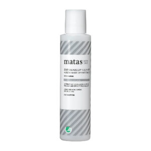 Weiße Flasche mit grauem Streifendesign, Aufschrift Matas Augenmakeup-Entferner.