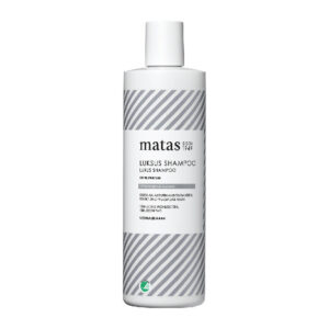 Weiße Shampoo-Flasche mit grauen Streifen und schwarzem Text auf weißem Hintergrund.