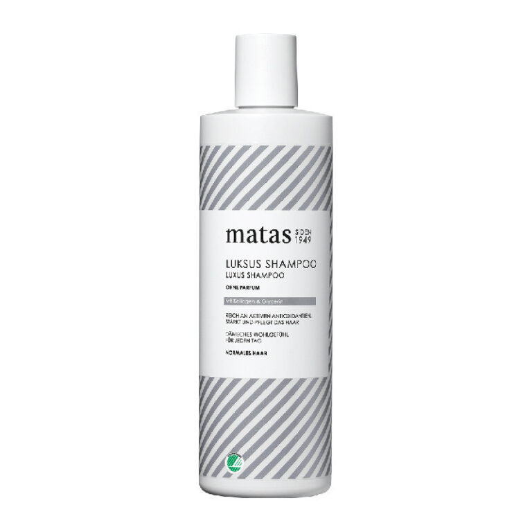 Weiße Shampoo-Flasche mit grauen Streifen und schwarzem Text auf weißem Hintergrund.