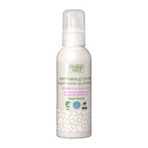 Weiße Flasche mit Augenmakeup-Entferner, Matas Natur, Vitamin E und Aloe Vera, ohne Parfüm.