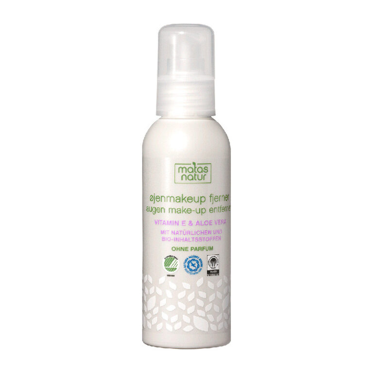 Weiße Flasche mit Augenmakeup-Entferner, Matas Natur, Vitamin E und Aloe Vera, ohne Parfüm. Weiße Flasche mit Augenmakeup-Entferner, Matas Natur, Vitamin E und Aloe Vera, ohne Parfüm.