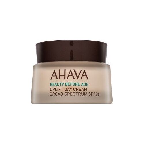 Cremebehälter mit brauner Kappe, Aufdruck „AHAVA“, „Beauty Before Age“, „Uplift Day Cream“, SPF20. Cremebehälter mit brauner Kappe, Aufdruck