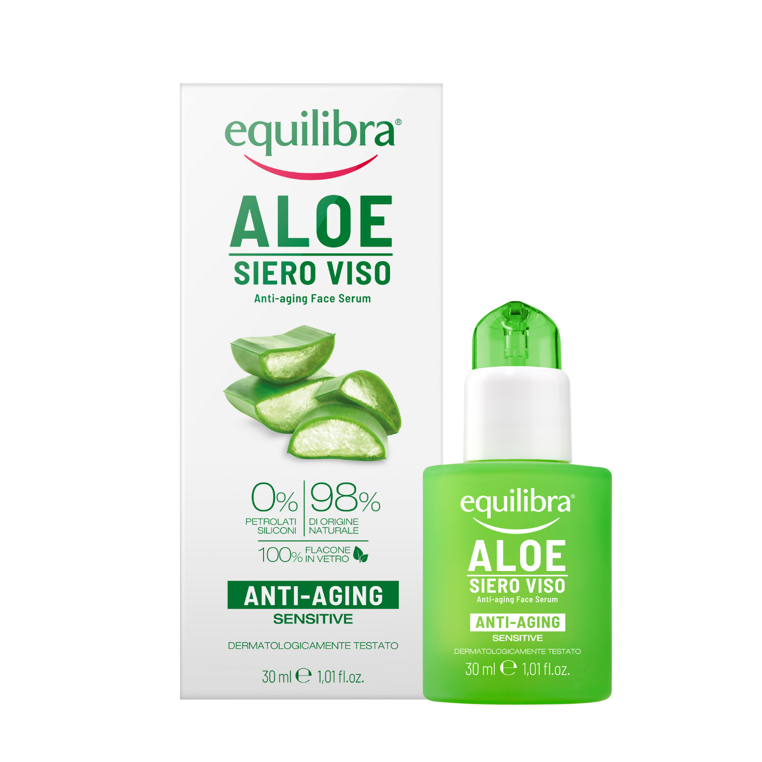 Grünes Aloe-Gesichtsserum neben weißer Verpackung mit Anti-Aging-Informationen.