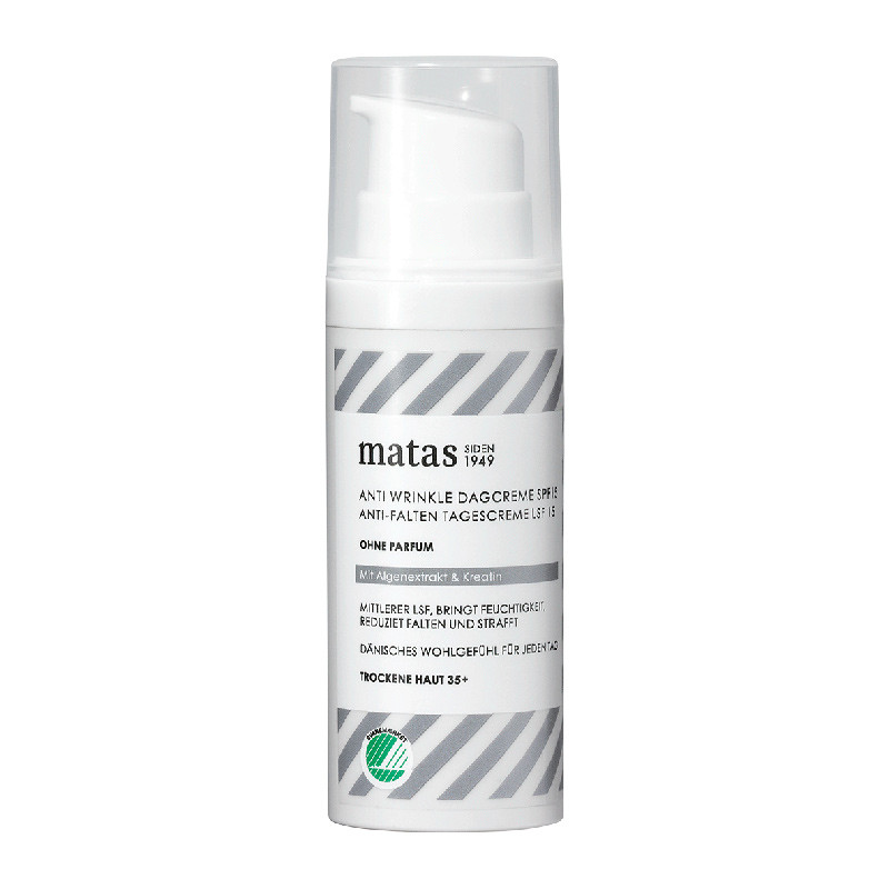 Weiße Flasche Matas Anti-Falten Tagescreme mit Pumpverschluss, textreiches Etikett.