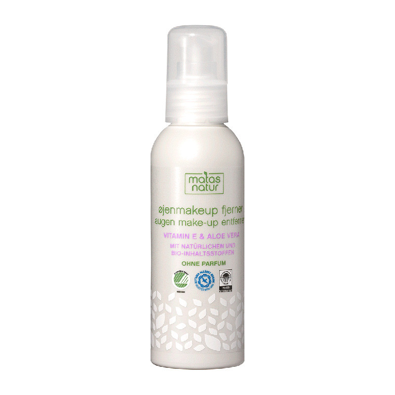 Weiße Flasche mit Augenmakeup-Entferner, Matas Natur, Vitamin E und Aloe Vera, ohne Parfüm.