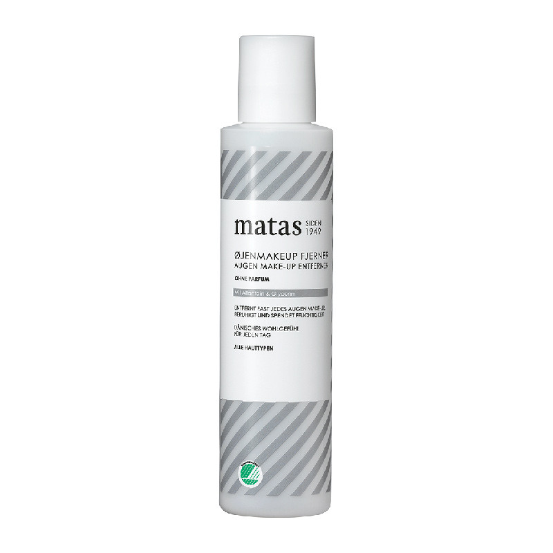 Weiße Flasche mit grauem Streifendesign, Aufschrift Matas Augenmakeup-Entferner.