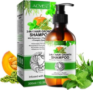 Flasche Shampoo vor Verpackung mit Rosmarin und Kürbiskernöl, 3-in-1-Formel zur Förderung des Haarwuchses.