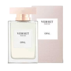 Parfümflasche und Verpackung von Verset Opal auf weißem Hintergrund.