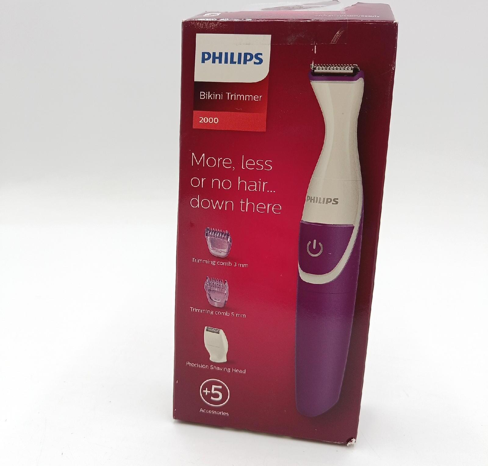 Philips Bikini-Trimmer-Verpackung, enthält Produktbild und Informationen zu Zubehör.