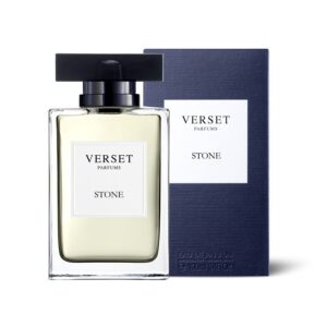 Flakon und Verpackung des Verset Parfums Stone vor weißem Hintergrund.