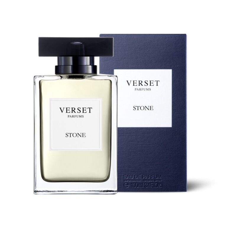 Flakon und Verpackung des Verset Parfums Stone vor weißem Hintergrund.