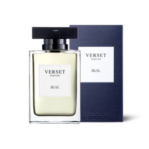 Parfumflasche Verset Ikal mit blauer Schachtel im Hintergrund.