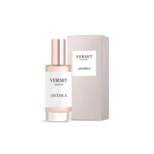 Parfümflasche und Verpackung von Verset Anthea auf weißem Hintergrund.